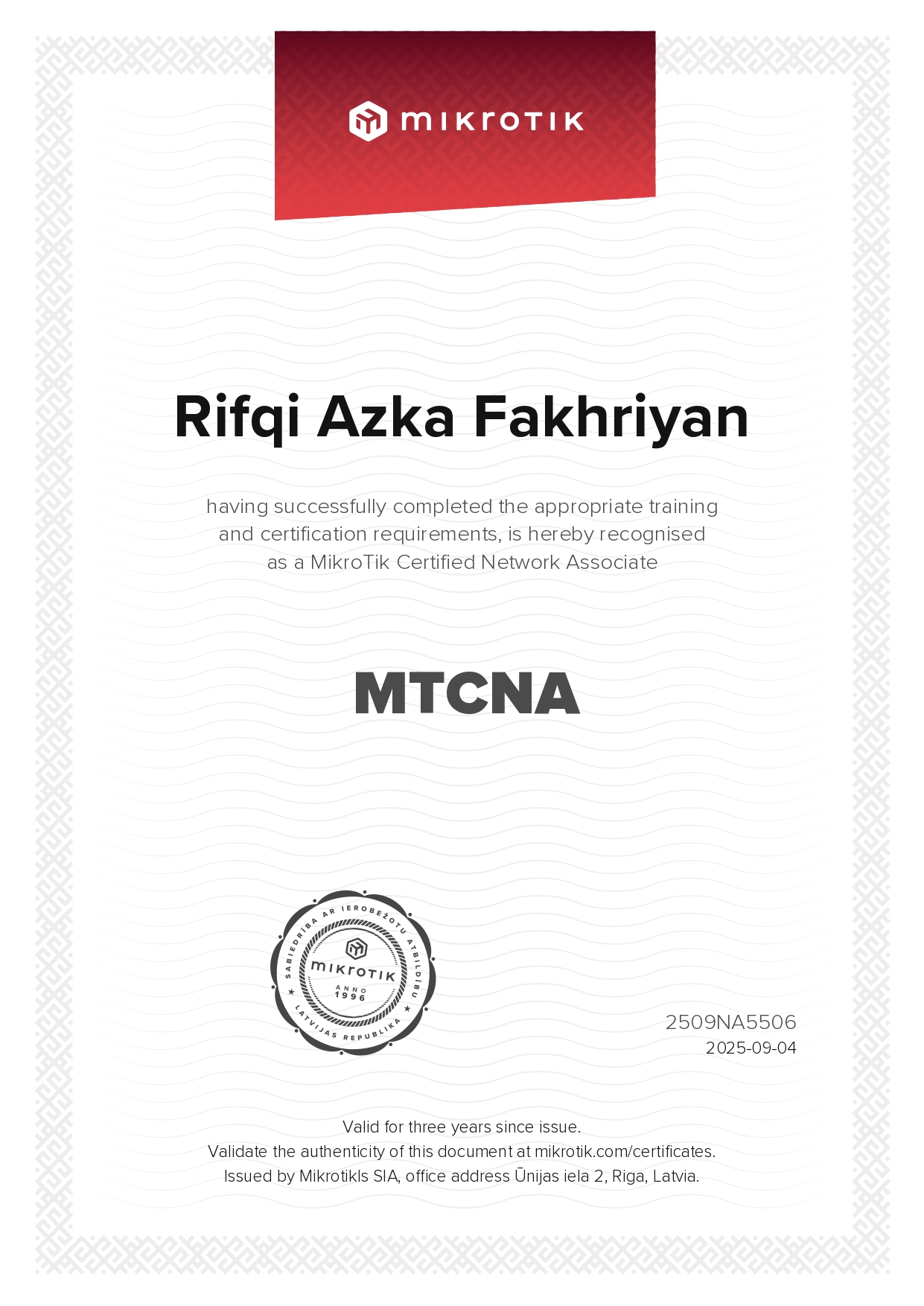 Certificate MTCNA